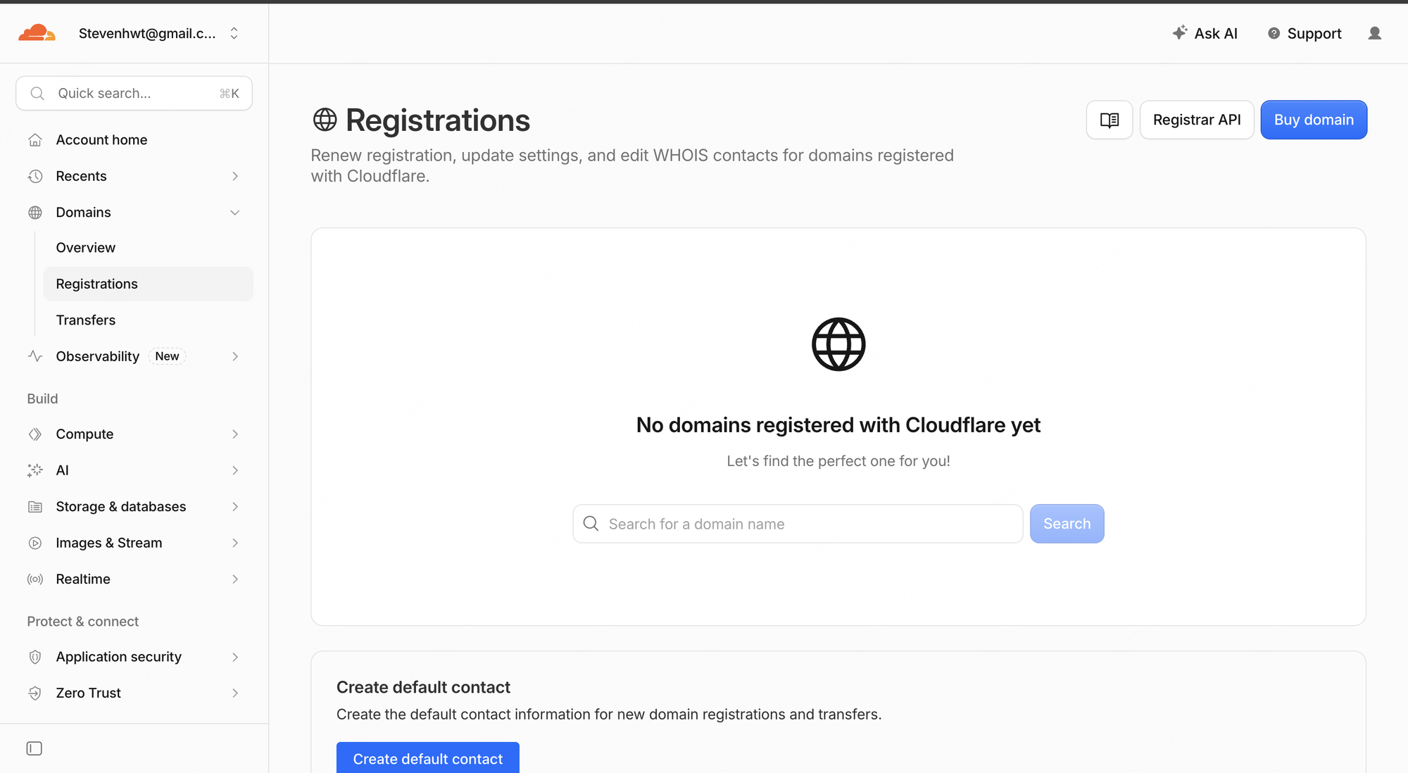 Cloudflare Registrations 页面,显示 No domains registered with Cloudflare yet