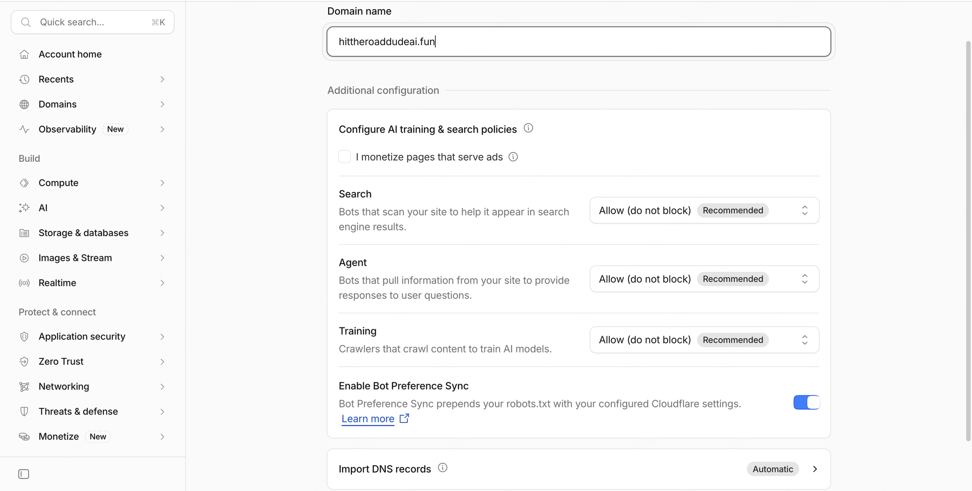 Cloudflare 添加站点时的 AI training 与 search policies 配置界面