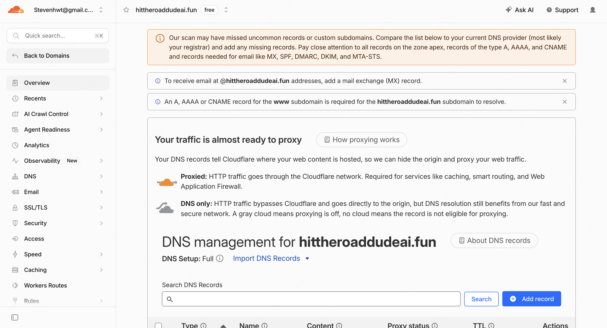 Cloudflare DNS 管理页面,顶部有 MX 记录和 www 子域名提示,下方是 DNS 记录列表