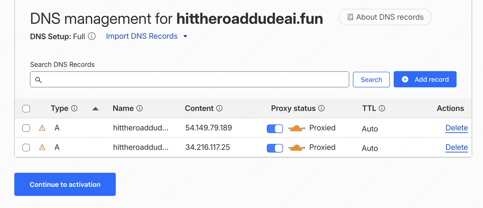 DNS 记录列表中有两条指向 54.149.79.189 和 34.216.117.25 的 A 记录