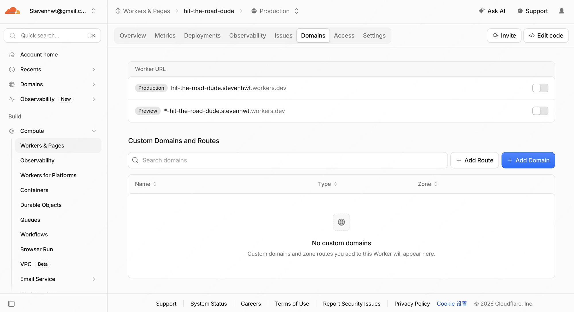 Worker 详情 Domains 页面,包含 Worker URL 的 Production 与 Preview 开关,以及 Custom Domains and Routes 区域