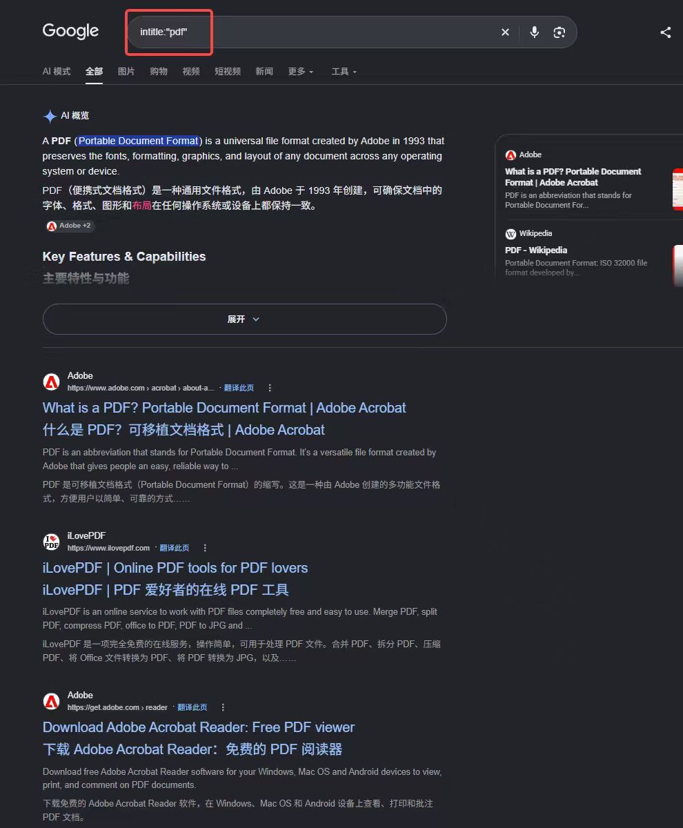 Google 搜索结果页截图:搜索框内为 intitle:\"pdf\",下方依次是 AI 概览、Adobe 与 iLovePDF 等结果条目,整页看不到结果总数