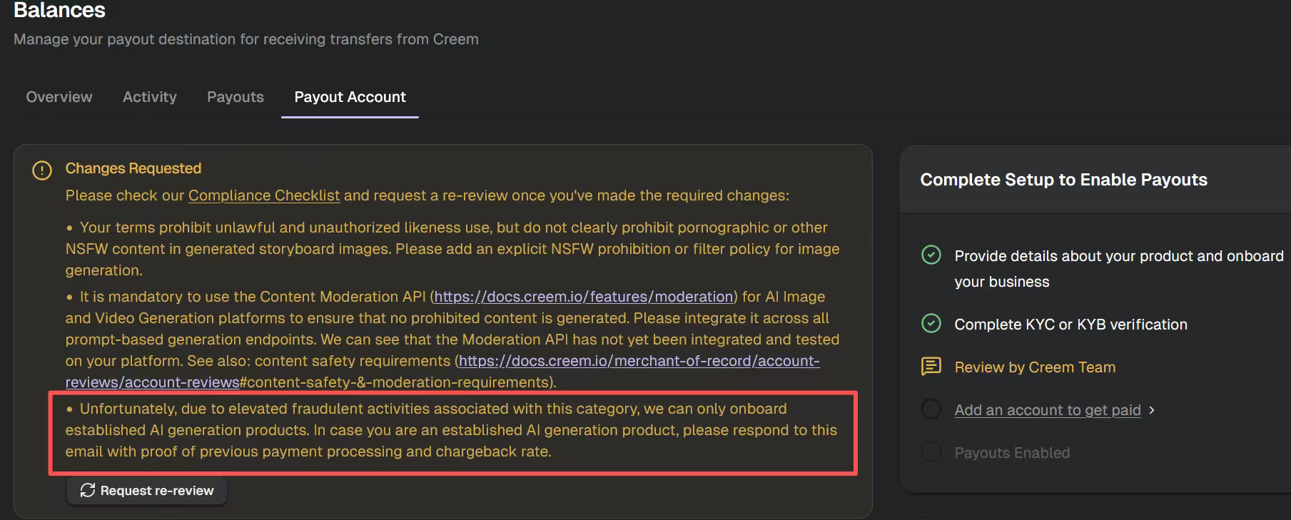 Creem Changes Requested 页面:要求禁止 NSFW 内容、接入内容审核 API,并针对 AI 生成产品提供历史付款和拒付率证明