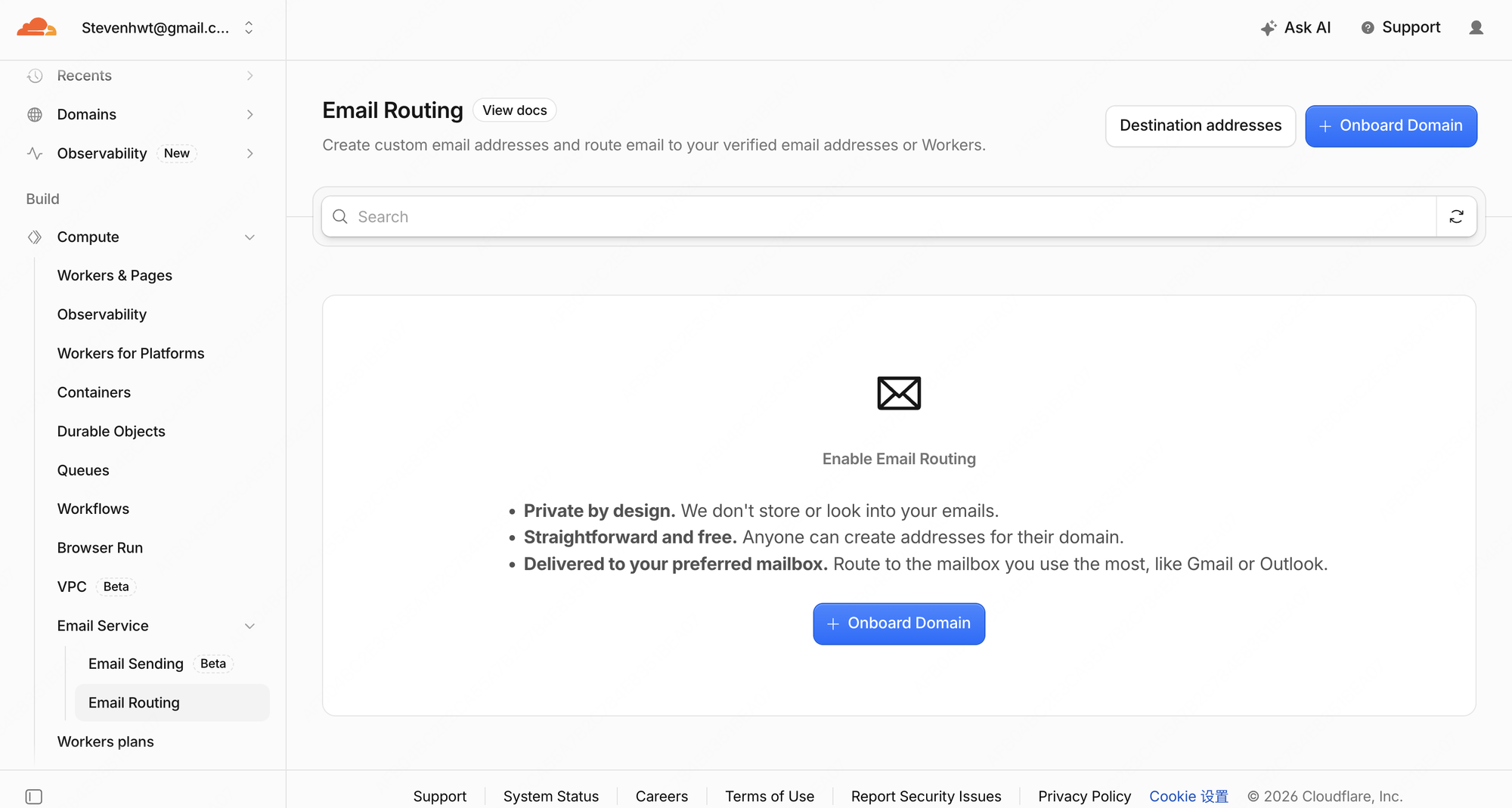 Cloudflare 电子邮件路由页面,点击右上角蓝色的 + Onboard Domain 按钮