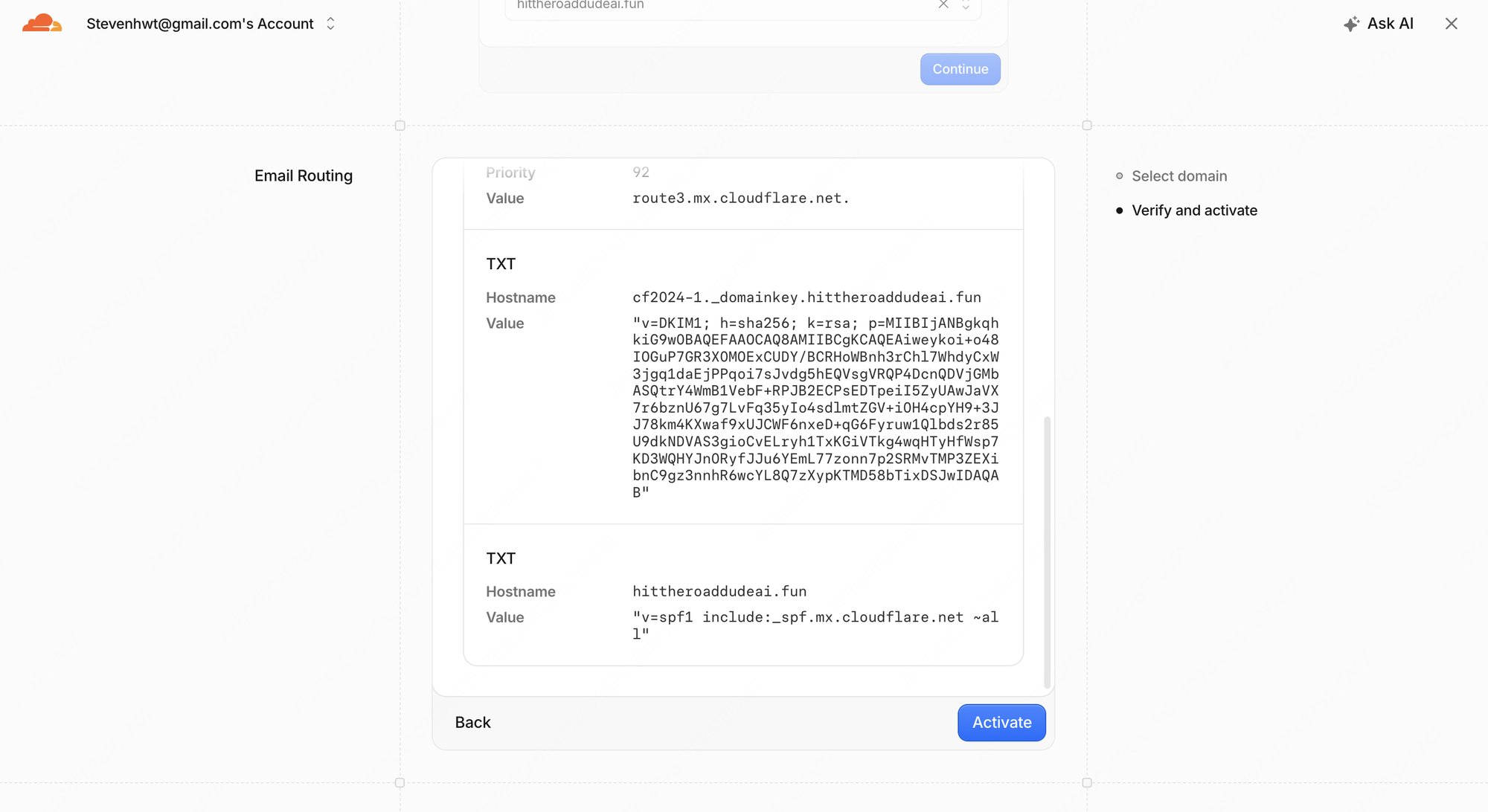 Verify and activate DNS records 页面,展示 3 条 MX 和 1 条 TXT 记录,底部点击 Activate