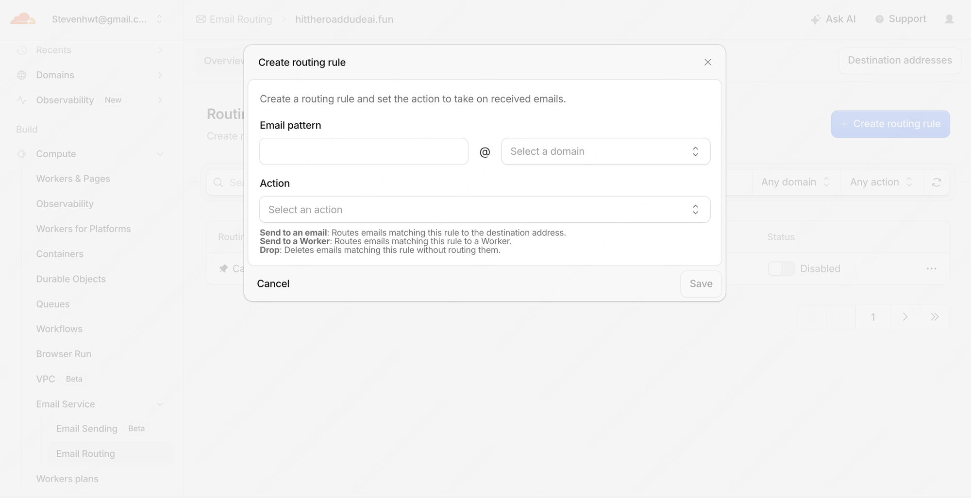 Create routing rule 弹窗,此时若尚未添加目标邮箱,需要先去 Destination addresses 添加
