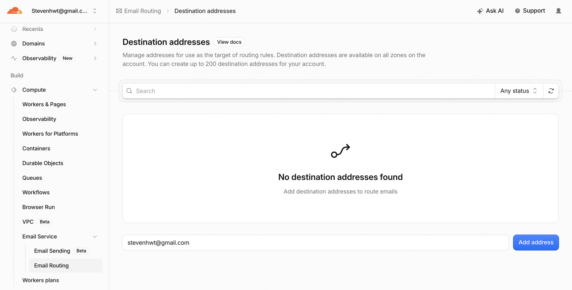 Add destination email address 弹窗,输入 stevenhwt@gmail.com 并点击 Add address