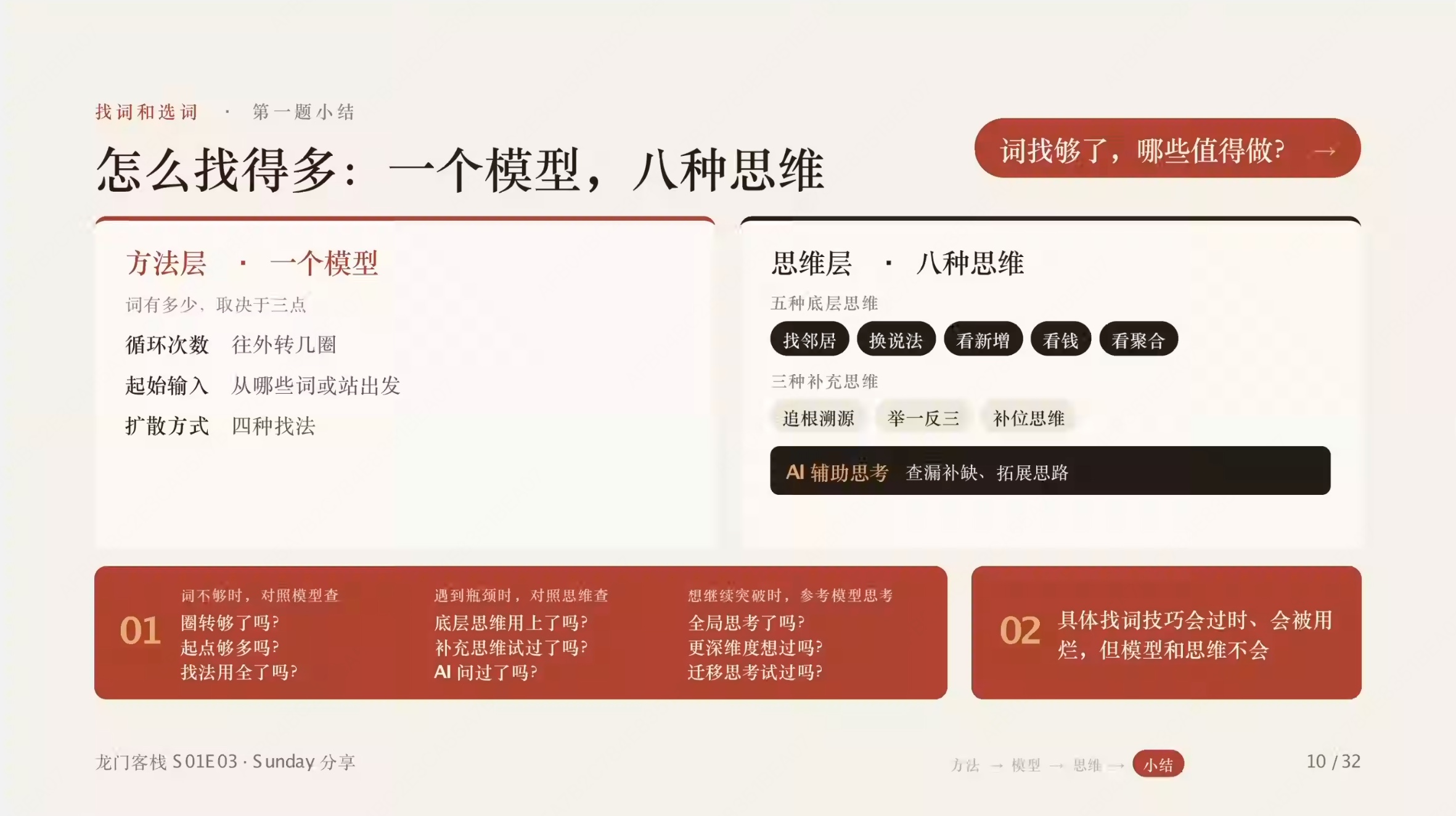 第 10 页:一个模型加八种思维的总结页,以及词不够、遇瓶颈、想突破时的检查清单
