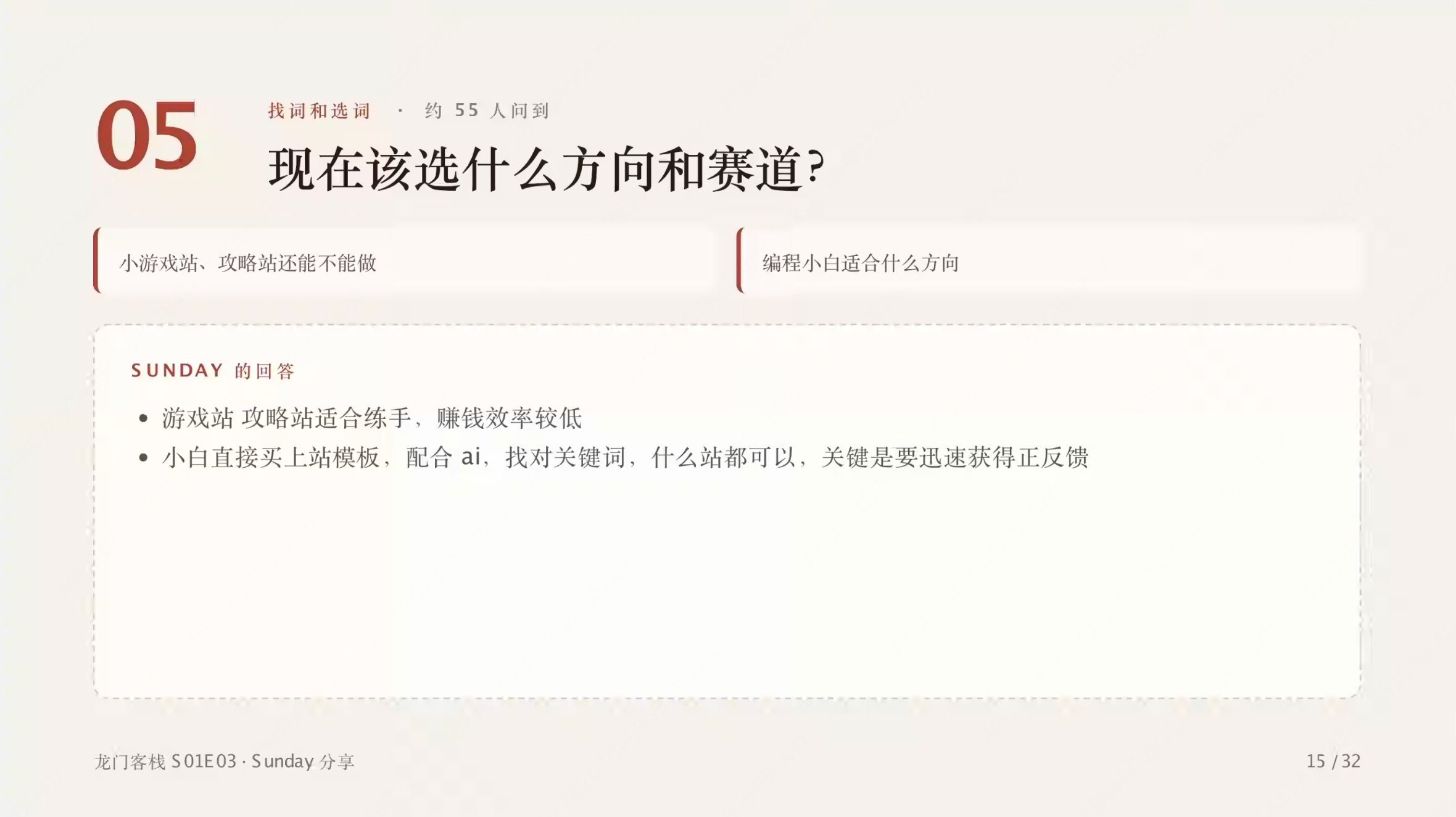 第 15 页:方向与赛道选择,小游戏/攻略站练手,小白买模板配合 AI