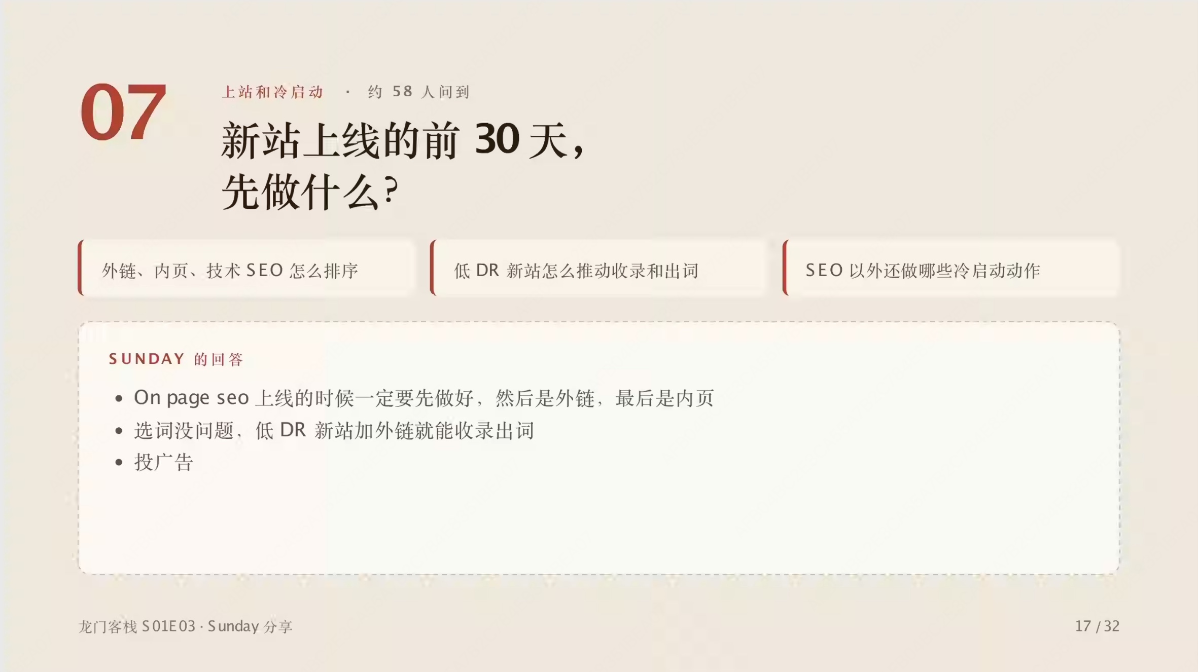 第 17 页:新站上线前 30 天的顺序,on-page SEO、外链、内页/DR 的先后关系