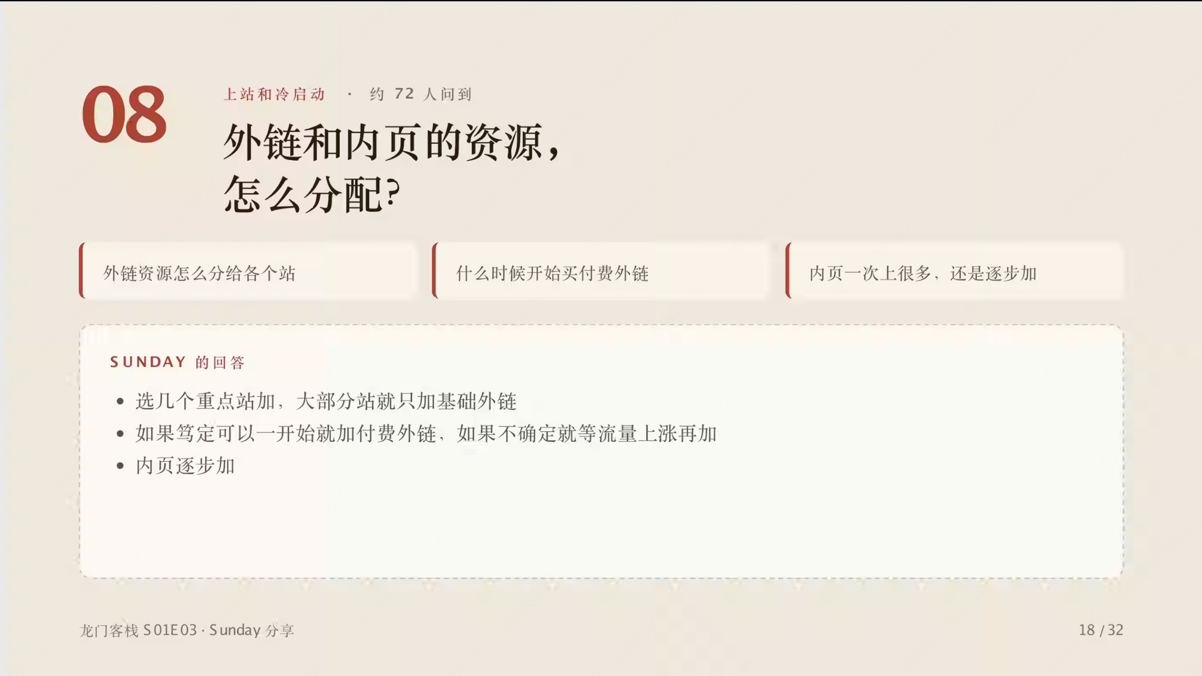 第 18 页:外链资源怎么分、什么时候买付费外链、内页一次性上还是逐步加